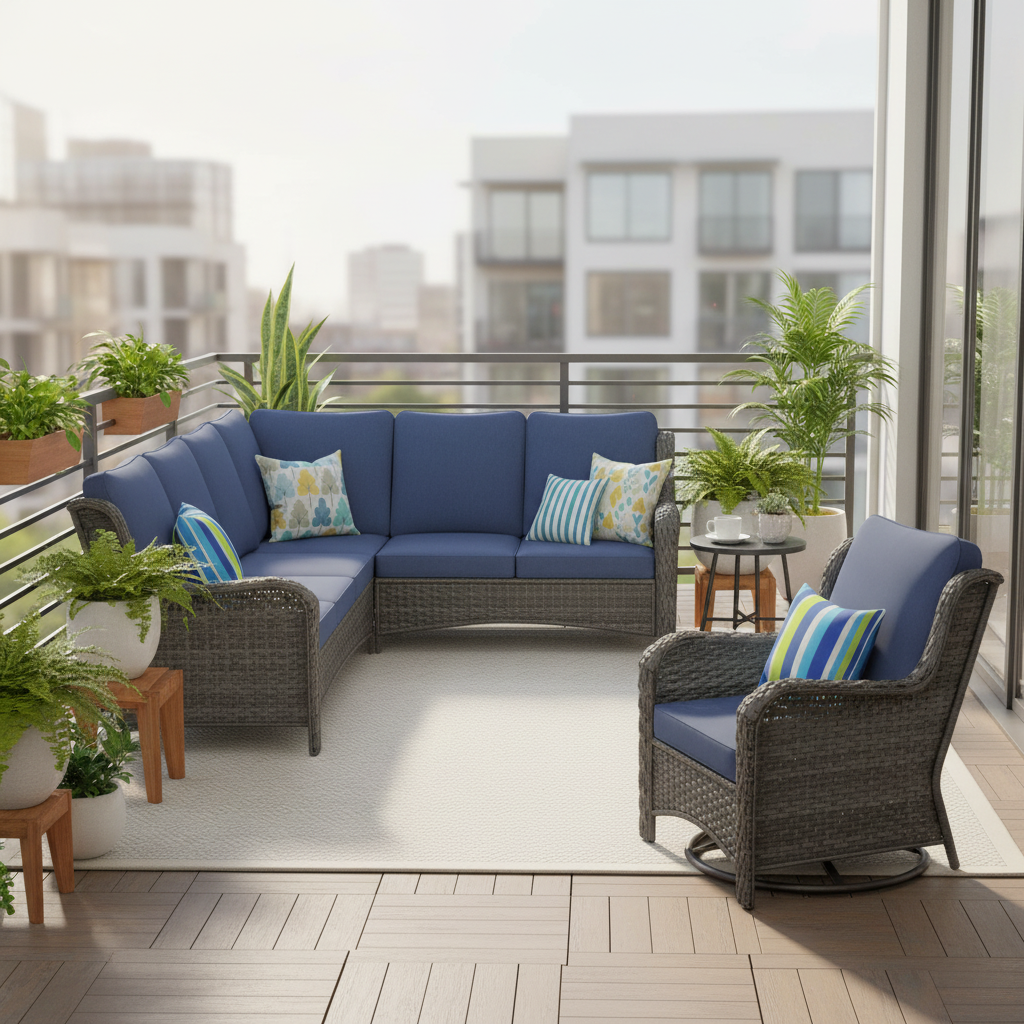 A stylish micro-patio balcony with a modular sectional arranged for comfortable seating in an urban setting.