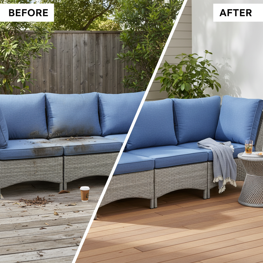 Before-and-after view of faded patio cushions transformed into fresh vibrant modular sectional cushions on a sunny deck.