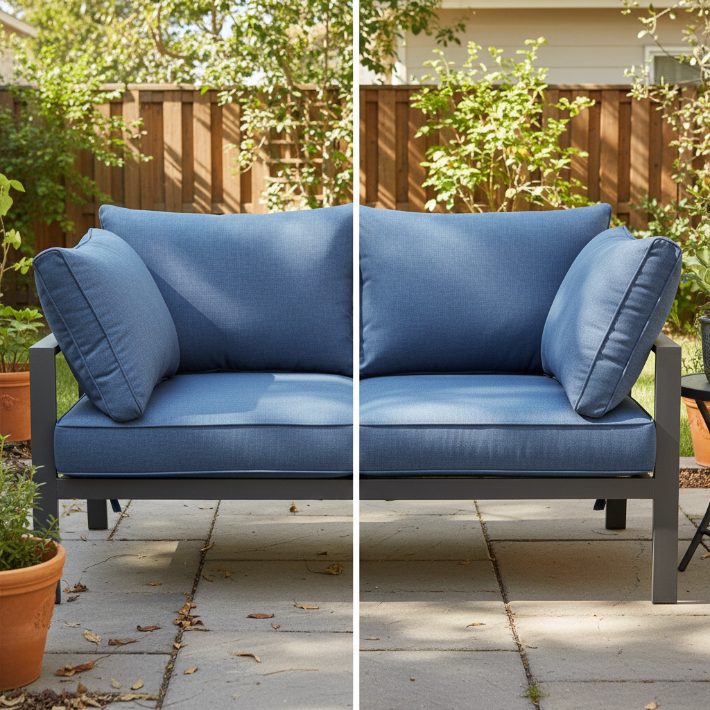 A dramatic before-and-after comparison showing old, sun-bleached patio cushions next to vibrant, new replacement cushions on an outdoor sofa.