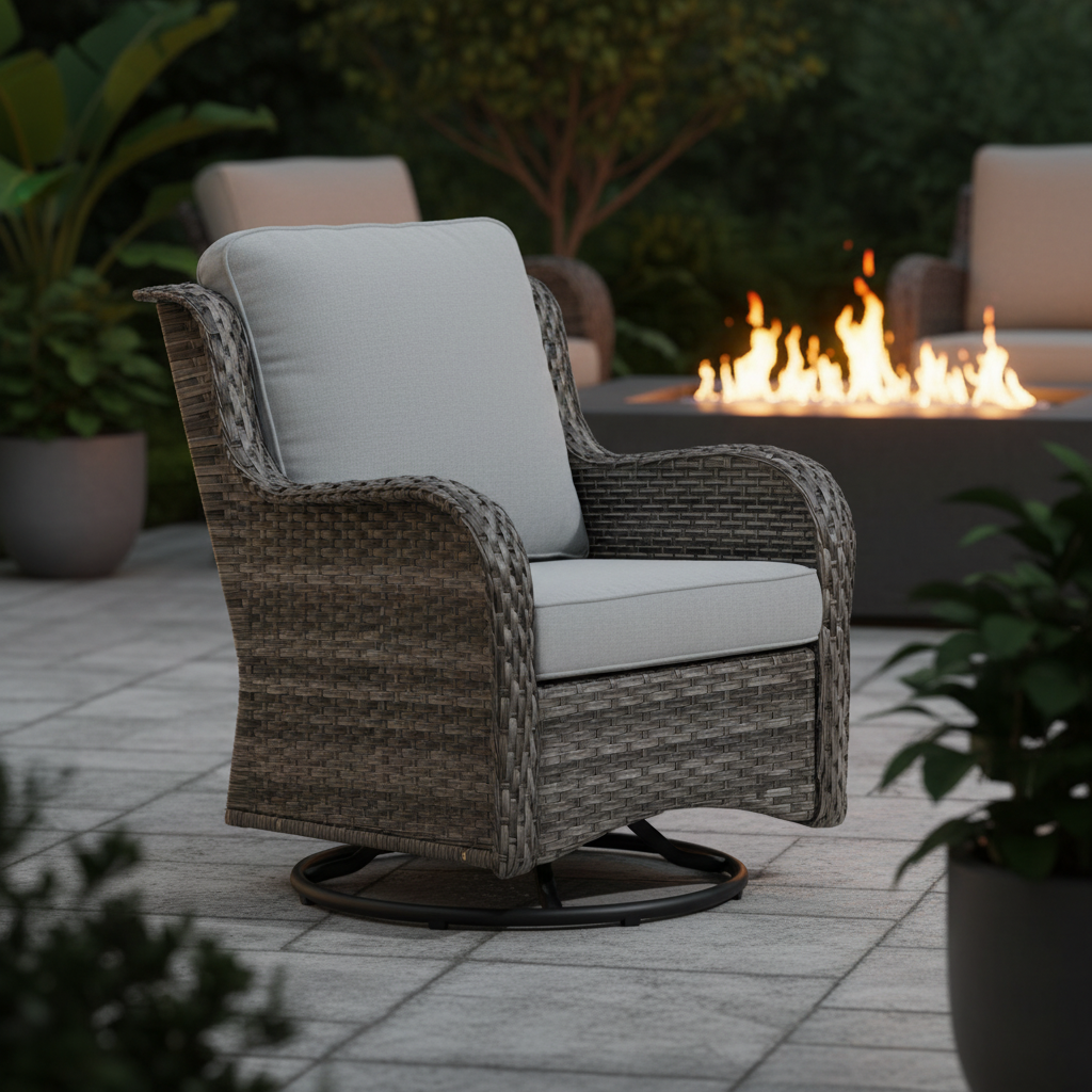 A luxurious high-back patio chair with ergonomic lumbar support and plush cushions, set on a modern stone patio with a glowing fire pit in the background at dusk.