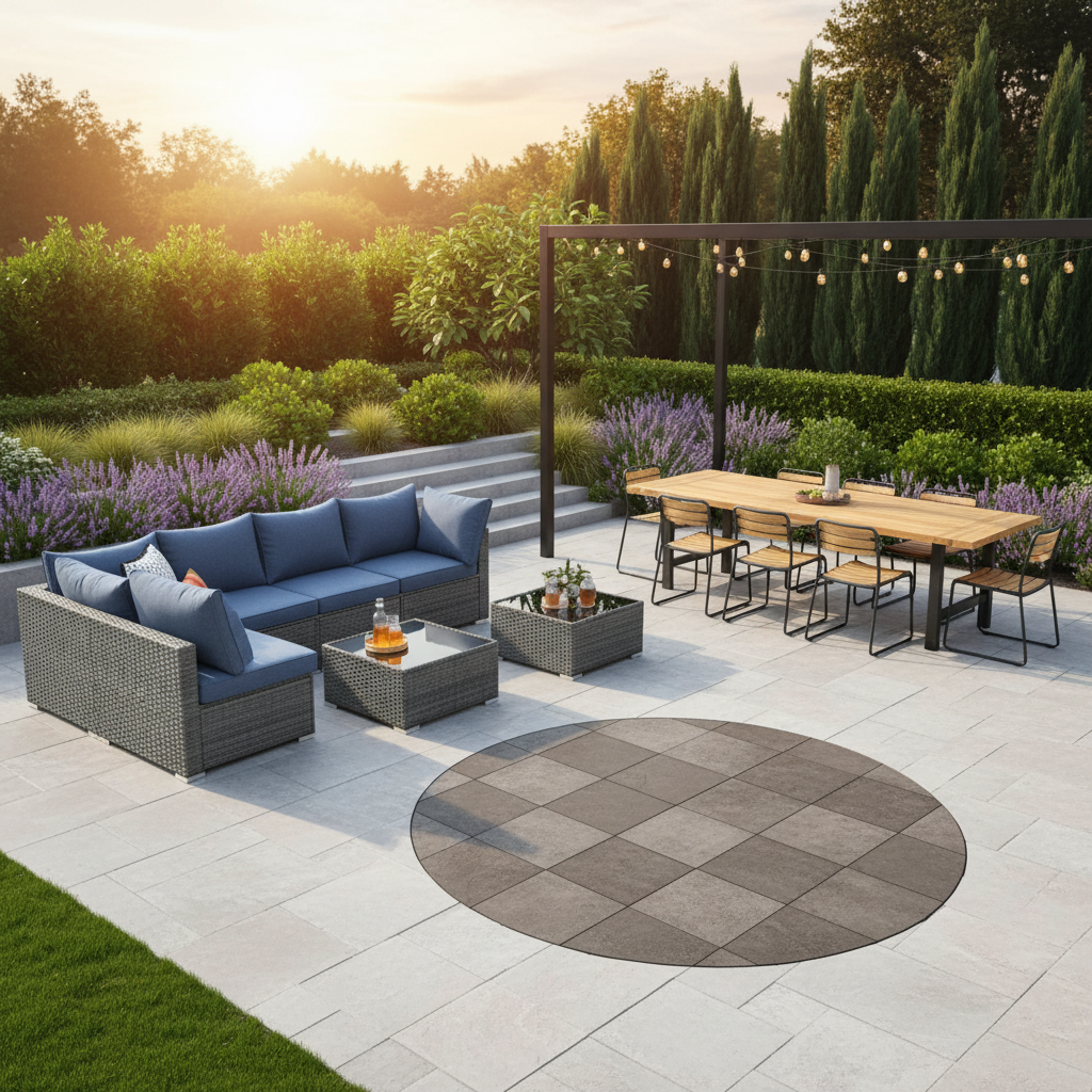 A modern phased outdoor patio design featuring a modular sectional sofa in a lounging zone, a dining area, and a designated empty space for a future fire pit, all set in a beautifully landscaped backyard with natural evening lighting.