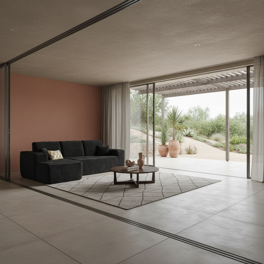 A stylish modern modular sofa in a seamless indoor-outdoor sunroom and patio setting, featuring neutral earthy tones and a minimalist 2026 design aesthetic.