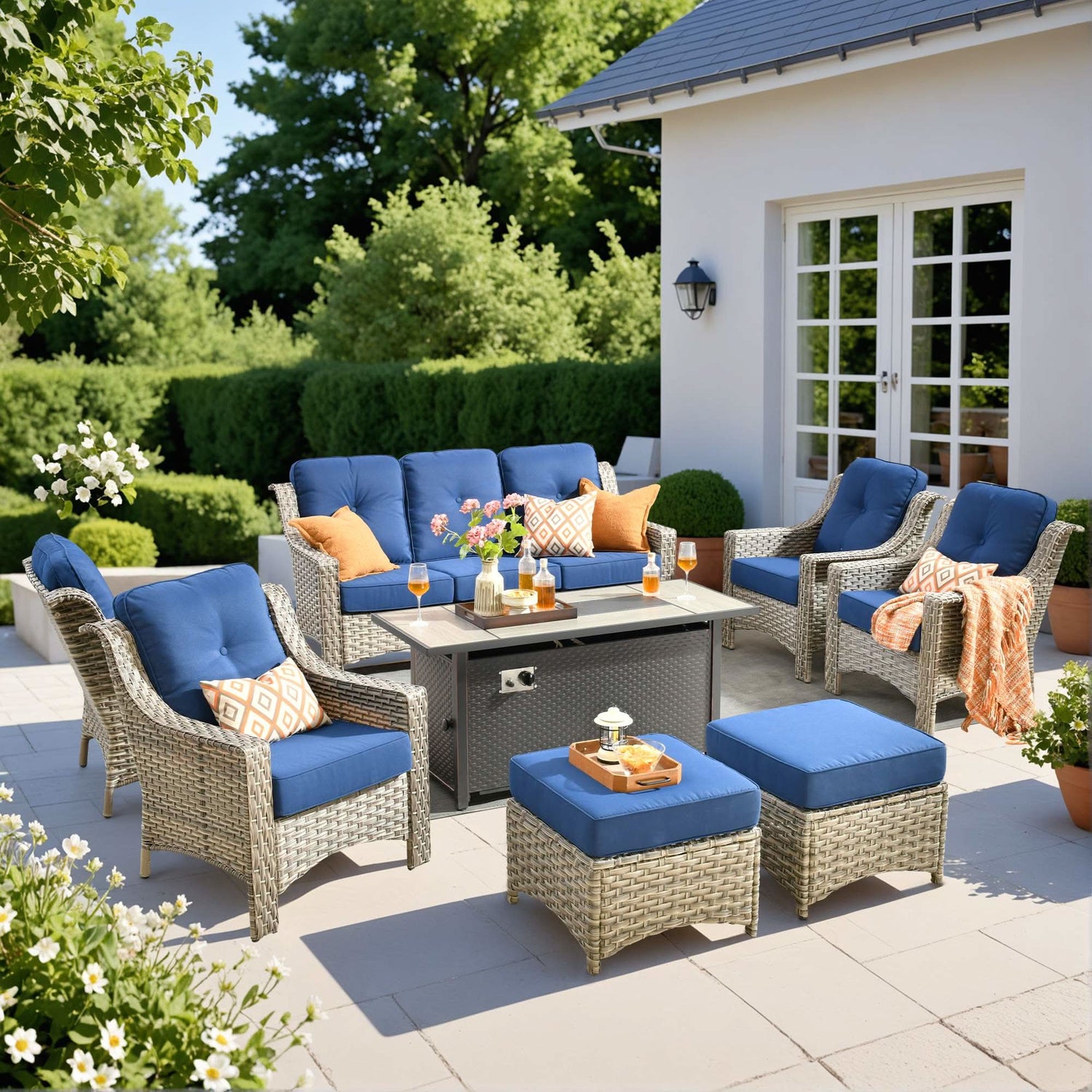 OVIOS Patio Vultros 7-Piece Set With Swivel Chair and Rectangle 42'' Propane Fire Pit Table