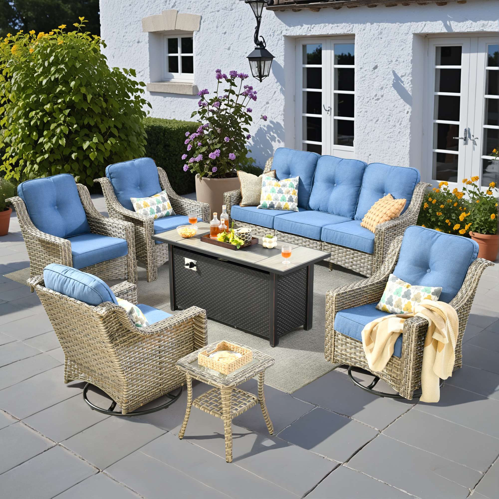 Ovios Patio 7-Piece Conversation Set with 42'' Rectangle Propane Fire Pit Table and Rocking Chairs Kenard