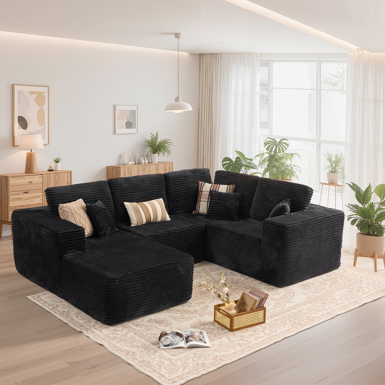OVIOS 104" L-Shape Modular Couch with Chaise, Plush Corduroy Fabric, No Assembly Required