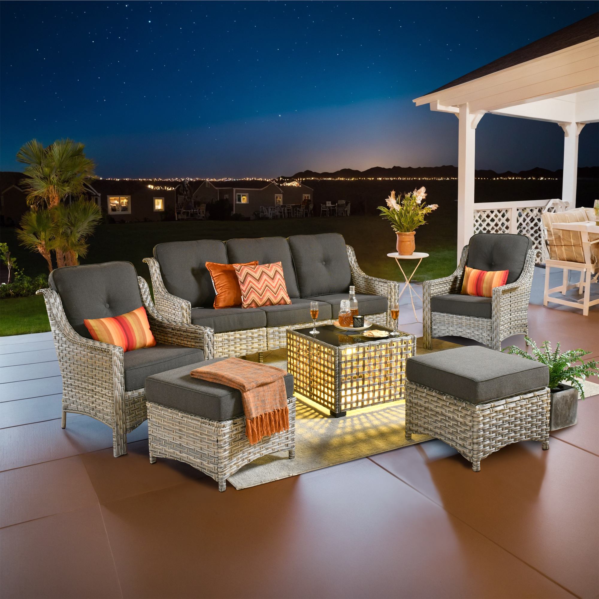 OVIOS Outdoor Patio Furniture Set with Wicker Sofa Loveseat Ottomans and Rocking Chairs