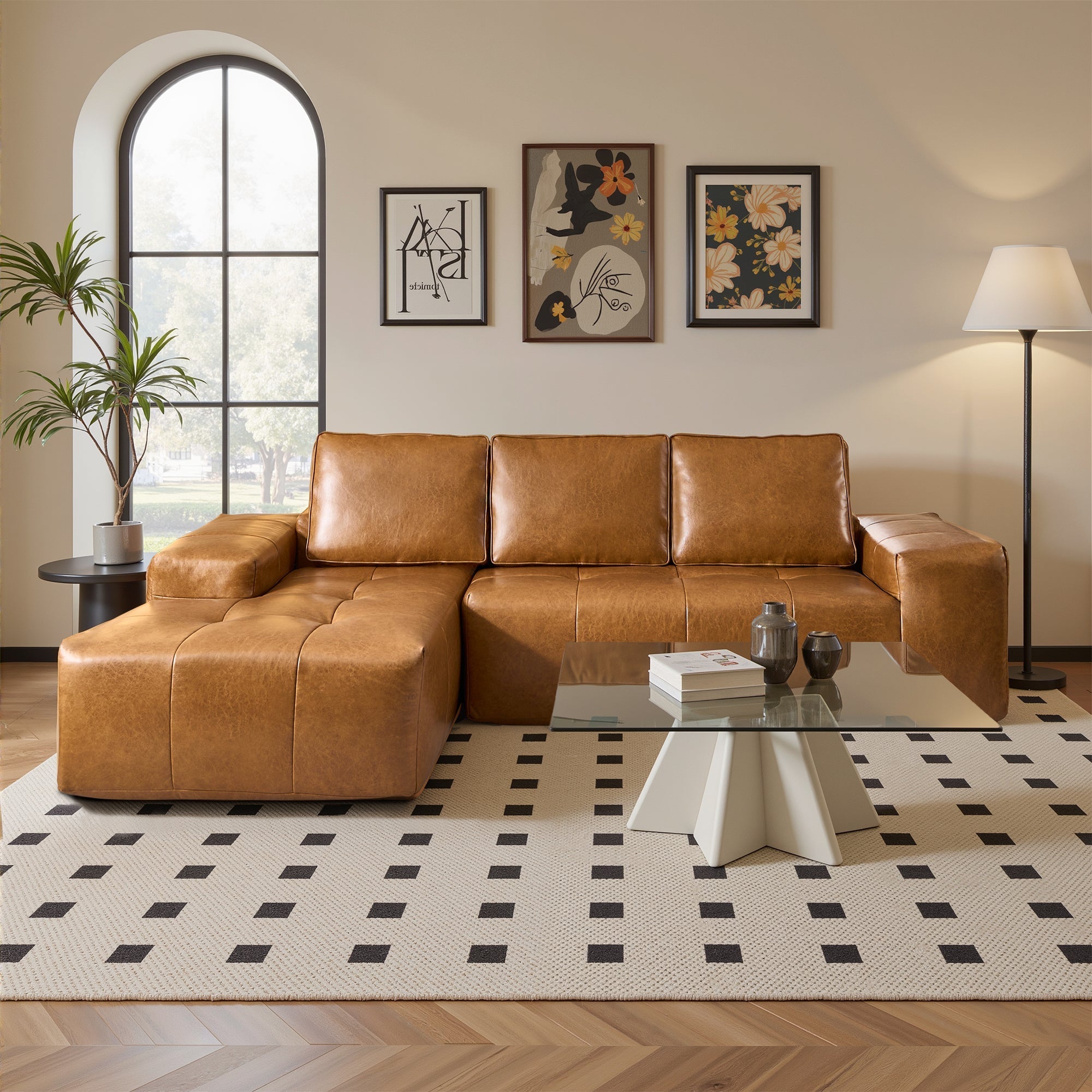 OVIOS 114" Cloud Sectional Sofa - L-Shaped Faux Leather Modular Couch with Deep Seat Chaise