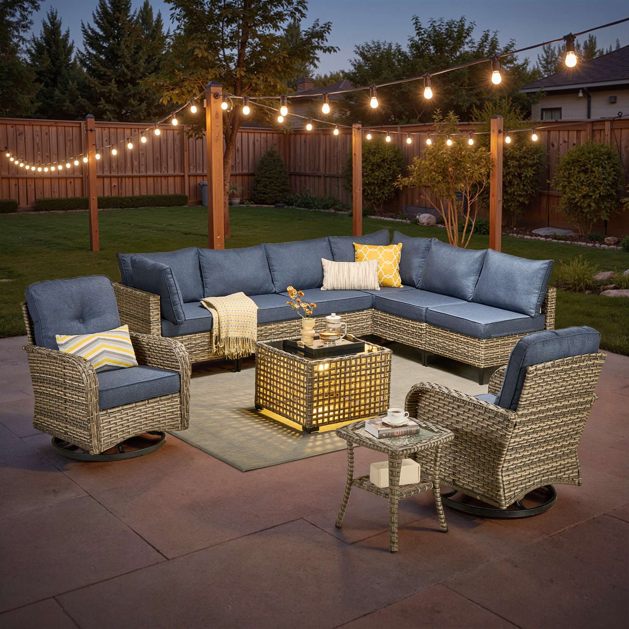 Comfortable Ovios L-Shaped Patio Furniture facing a scenic backyard garden with clear walking paths
