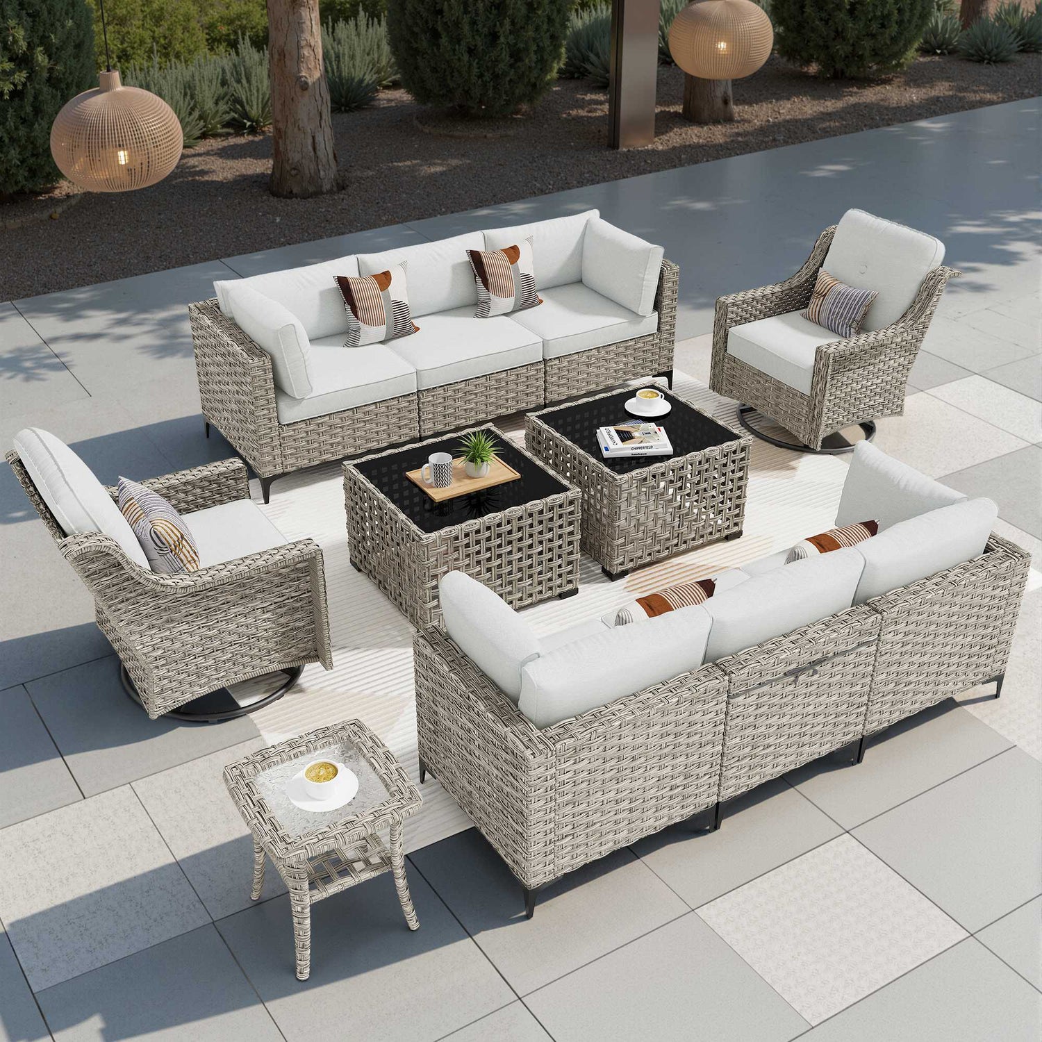 OVIOS white modular outdoor wicker patio conversation set with swivel chair