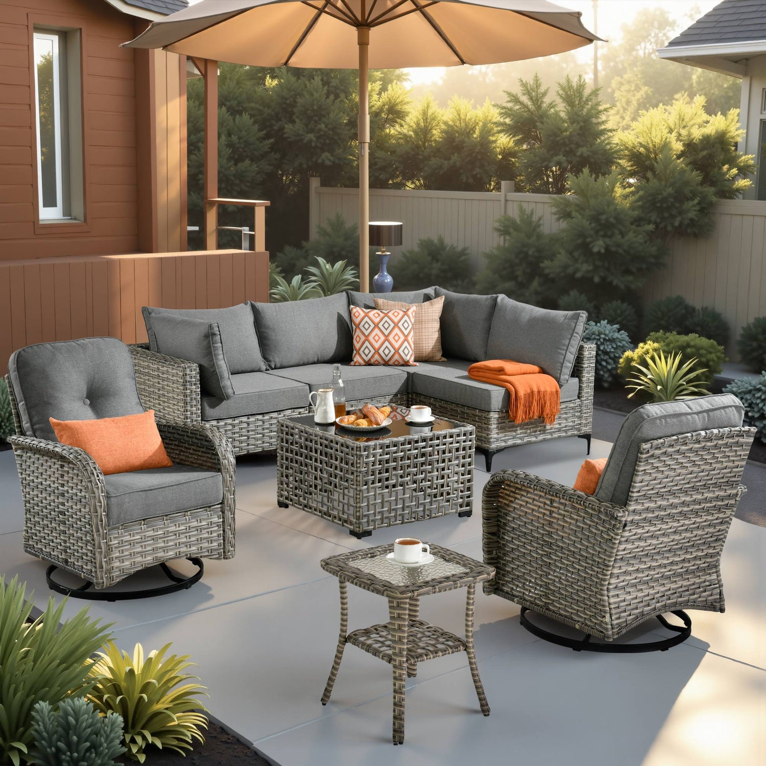 OVIOS Outdoor Patio Furniture Set with Fire Pit Table Wide Armrest Chairs and Rocking Chairs