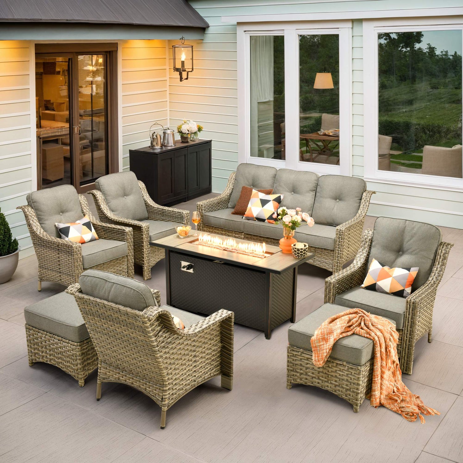 Ovios Patio 7-Piece Conversation Set with 42'' Rectangle Propane Fire Pit Table and Rocking Chairs Kenard
