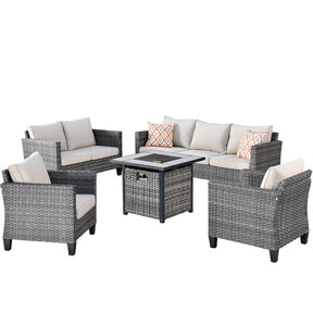 Ovios Patio Vultros Furniture Set 7-Person Seating with 30'' Propane Fire Pit Table