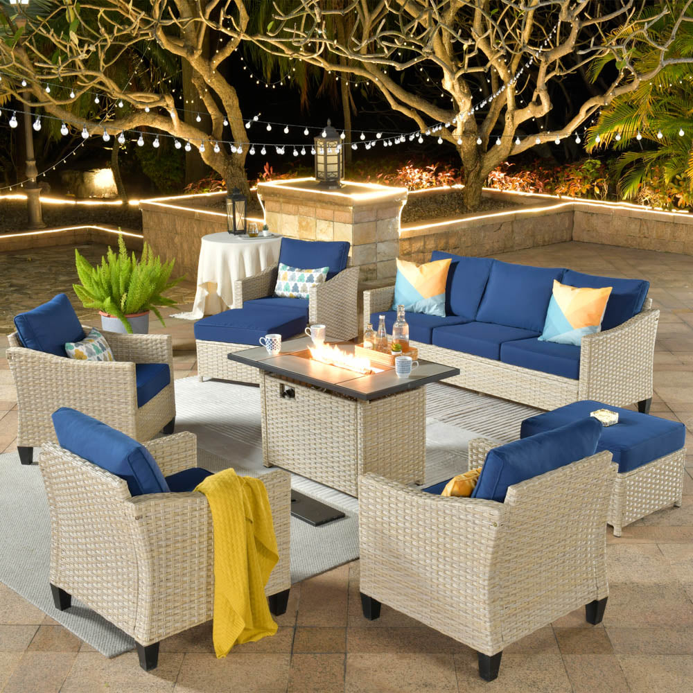Ovios Athena Series Outdoor Patio Furniture Set 8-Piece with 42'' Rectangle Propane Fire Pit Table
