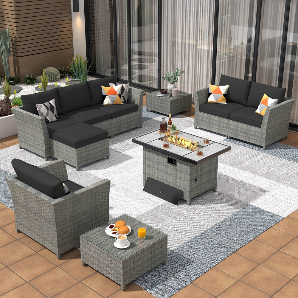 Ovios New Rimaru Series Patio Furniture Set 9-Piece with 42"Rectangle Fire Pit Table Minimal Assembly