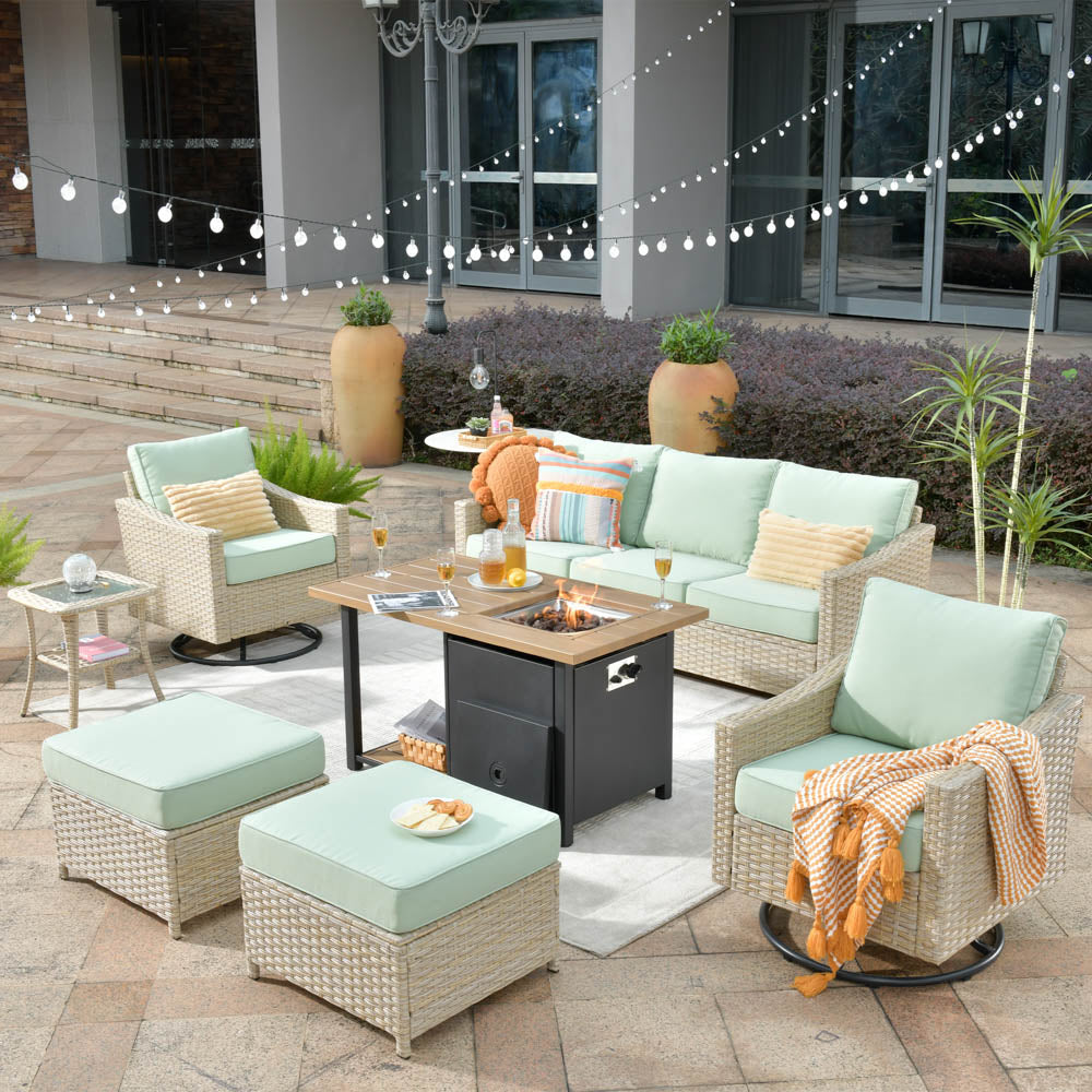 Ovios Athena Series Outdoor Patio Furniture Set 7-Piece with Swivel Chair & 46'' Double Layer Rectangle Fire Pit Table