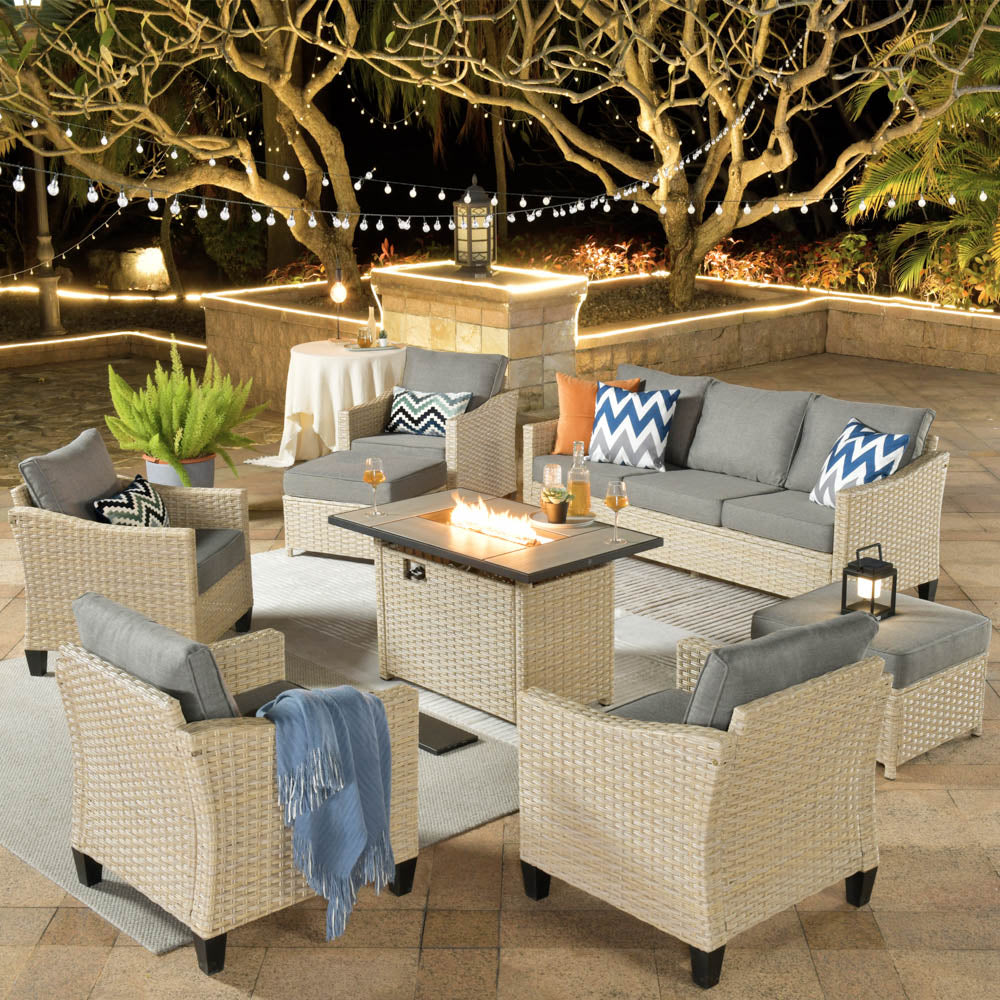Ovios Athena Series Outdoor Patio Furniture Set 8-Piece with 42'' Rectangle Propane Fire Pit Table