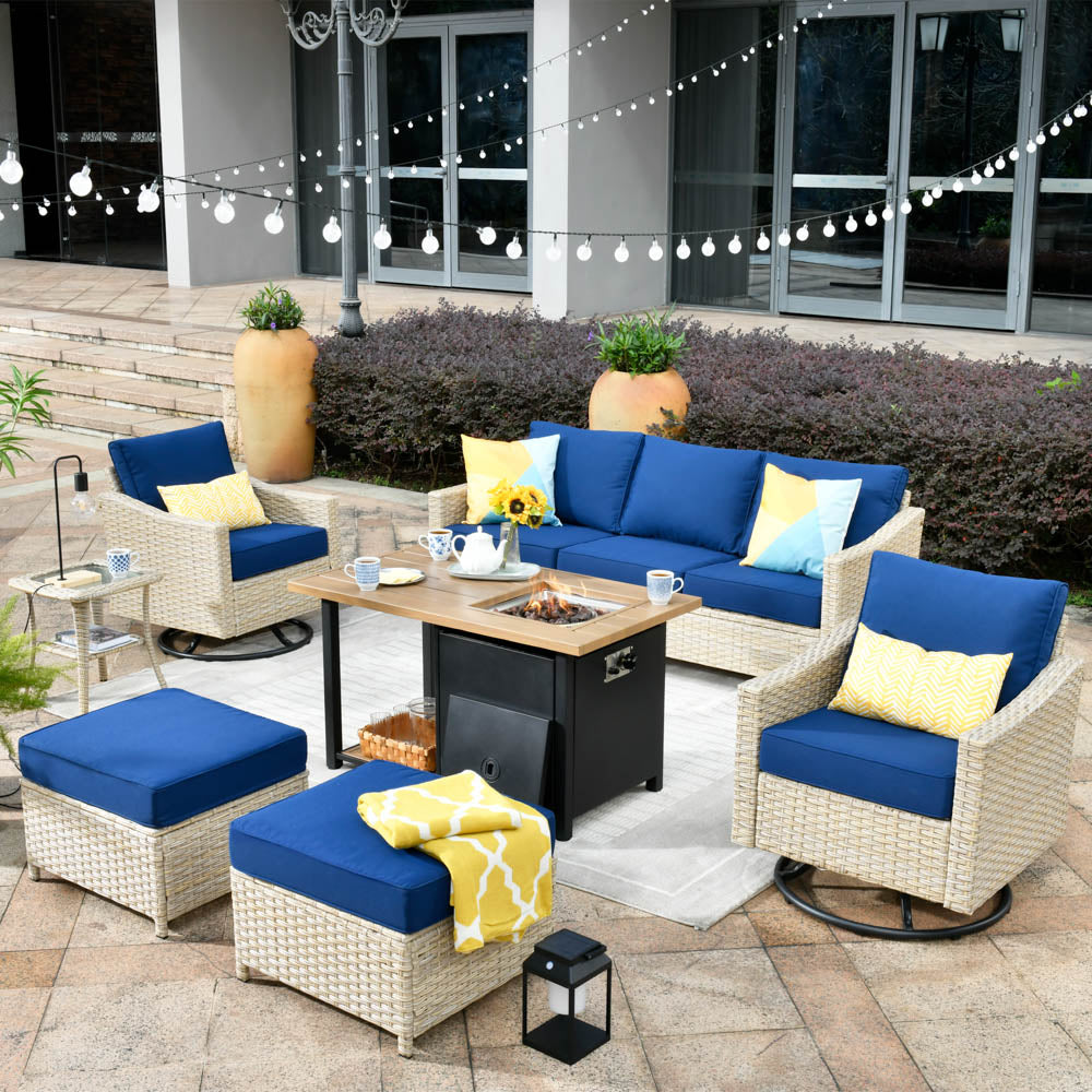 Ovios Athena Series Outdoor Patio Furniture Set 7-Piece with Swivel Chair & 46'' Double Layer Rectangle Fire Pit Table