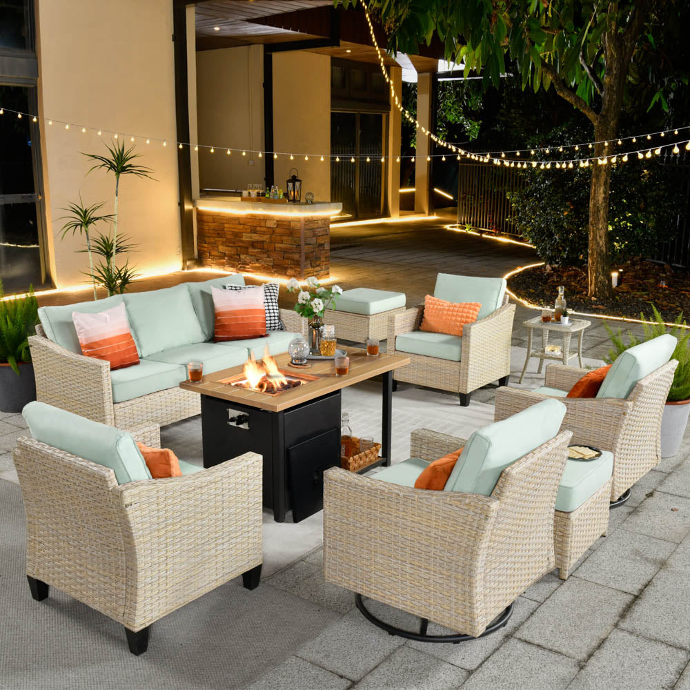 Ovios Athena Series Outdoor Patio Furniture Set 9-Piece with Swivel Chair & 46'' Double Layer Rectangle Fire Pit Table