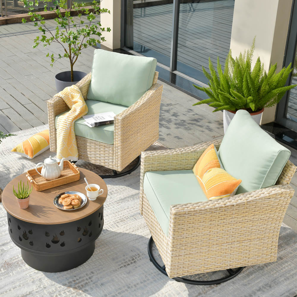 Ovios Athena Series Outdoor Patio Furniture 3-Piece Set with Fire Pit Swivel Chair