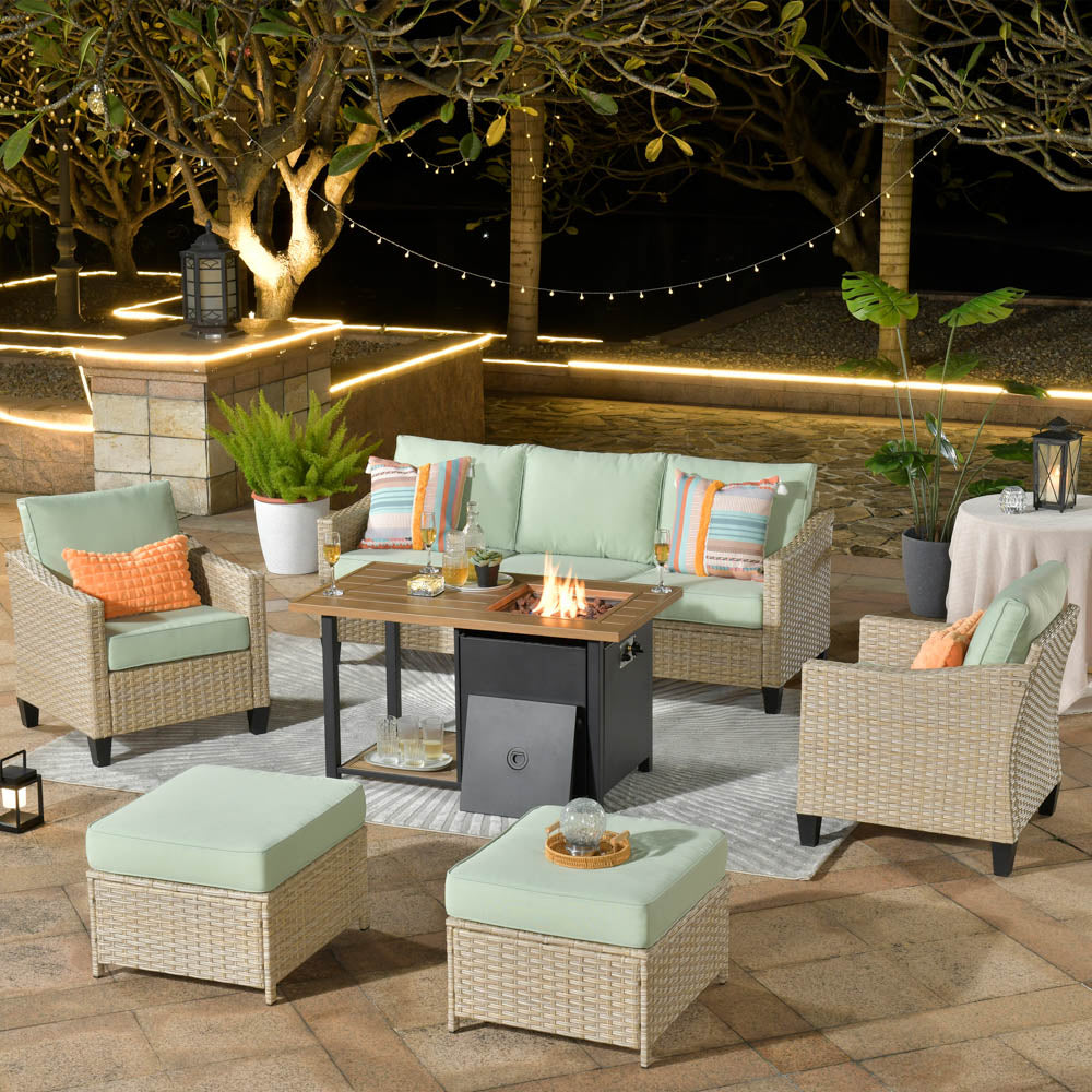 Ovios Athena Series Outdoor Patio Furniture Set 6-Piece with 46'' Double Layer Rectangle Fire Pit Table
