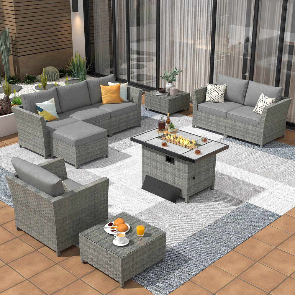 Ovios New Rimaru Series Patio Furniture Set 10-Piece include 42"Rectangle Fire Pit Table Partially Assembled