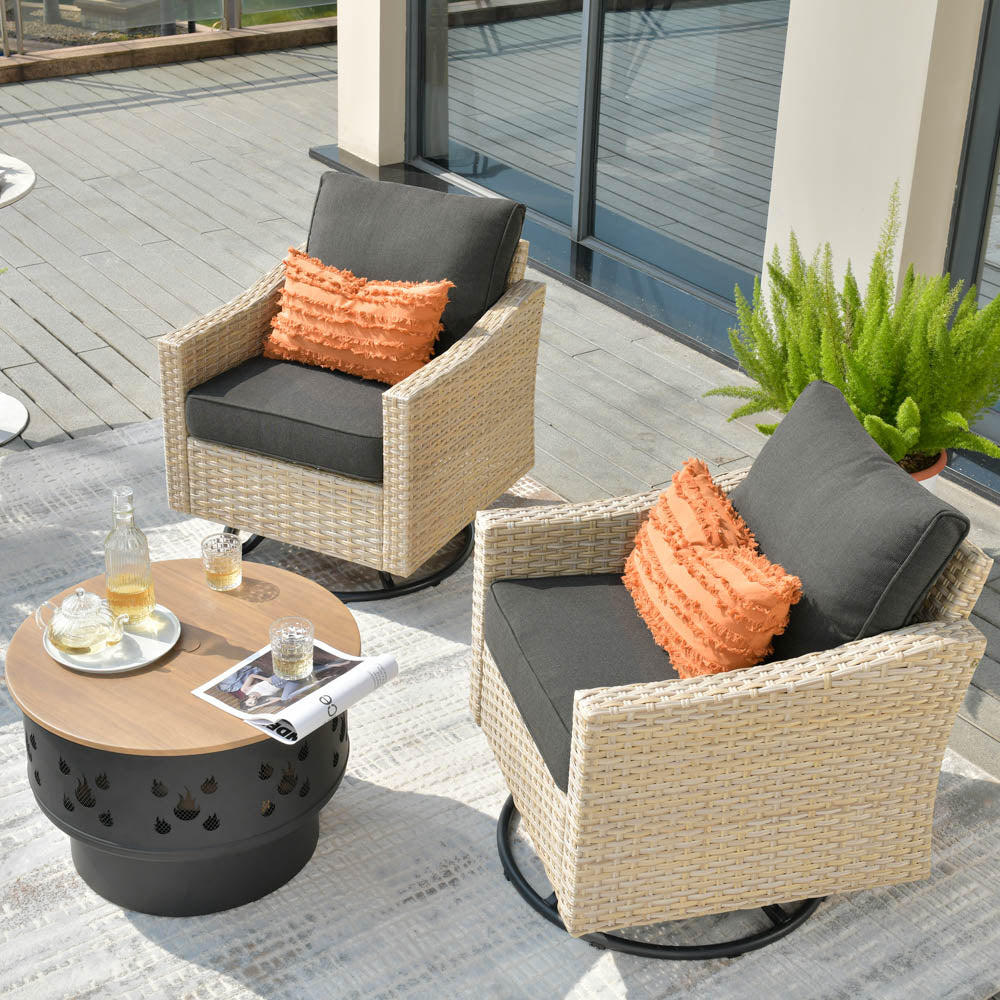 Ovios Athena Series Outdoor Patio Furniture 3-Piece Set with Fire Pit Swivel Chair