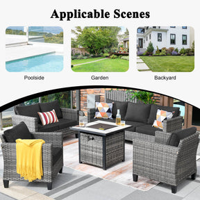 Ovios Patio Vultros Furniture Set 7-Person Seating with 30'' Propane Fire Pit Table