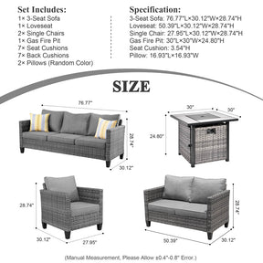 Ovios Patio Vultros Furniture Set 7-Person Seating with 30'' Propane Fire Pit Table