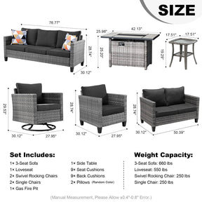 Ovios Patio Vultros 8-Piece Set With Swivel Chair and Rectangle 42'' Propane Fire Pit Table