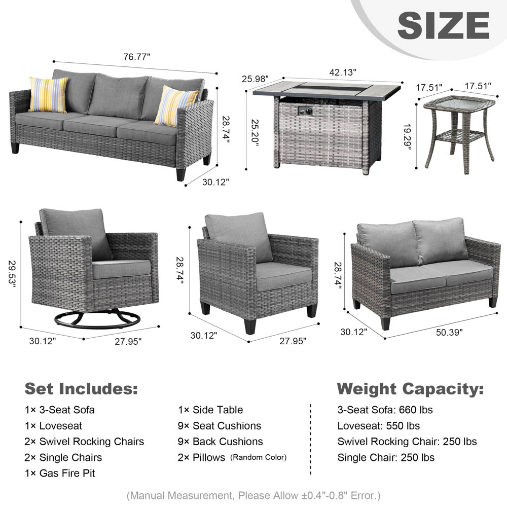 Ovios Patio Vultros 8-Piece Set With Swivel Chair and Rectangle 42'' Propane Fire Pit Table