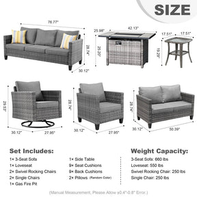 Ovios Patio Vultros 8-Piece Set With Swivel Chair and Rectangle 42'' Propane Fire Pit Table