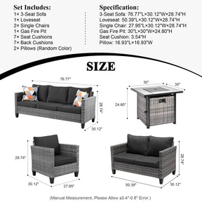 Ovios Patio Vultros Furniture Set 7-Person Seating with 30'' Propane Fire Pit Table