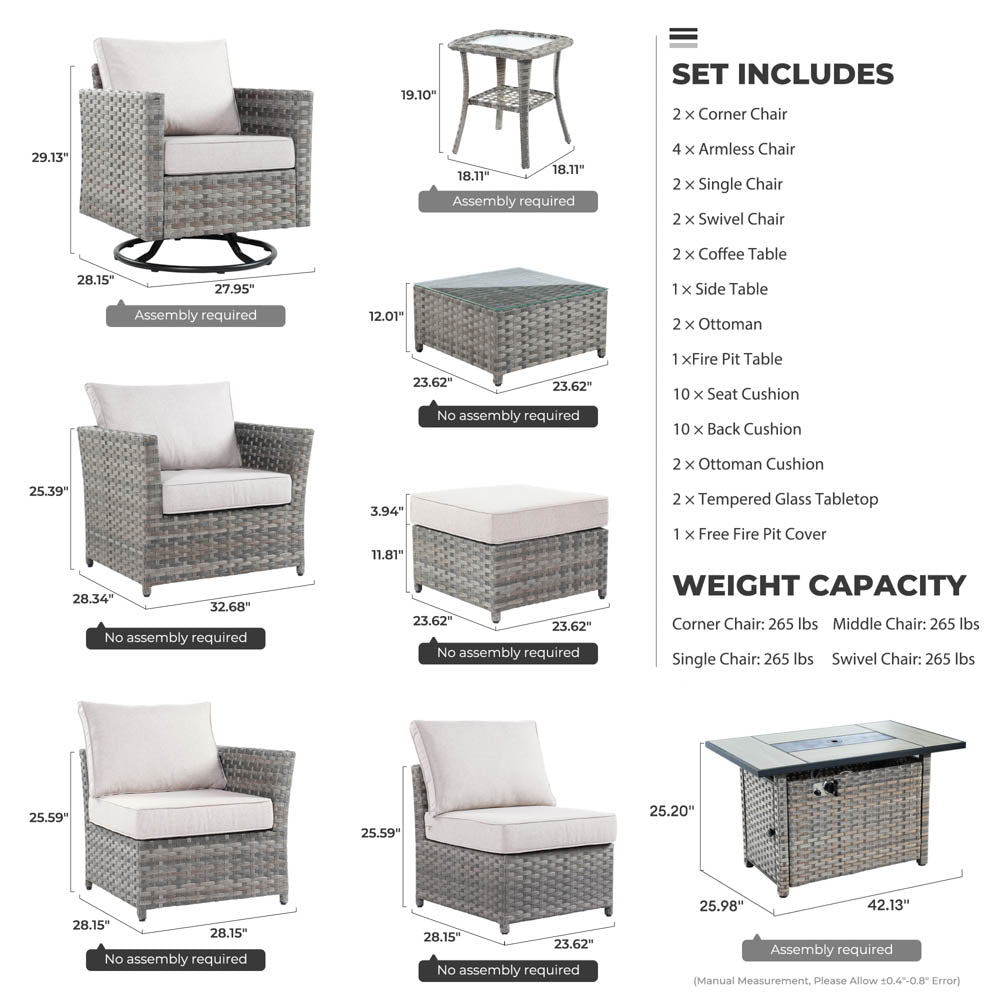 Ovios New Rimaru Series Patio Furniture Set 16-Piece include Swivel Chairs and 42"Rectangle Fire Pit Table Partially Assembled