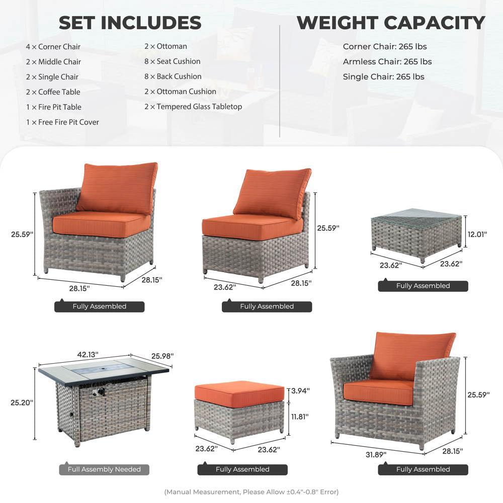 Ovios New Rimaru Series Patio Furniture Set 13-Piece include 42"Rectangle Fire Pit Table Partially Assembled