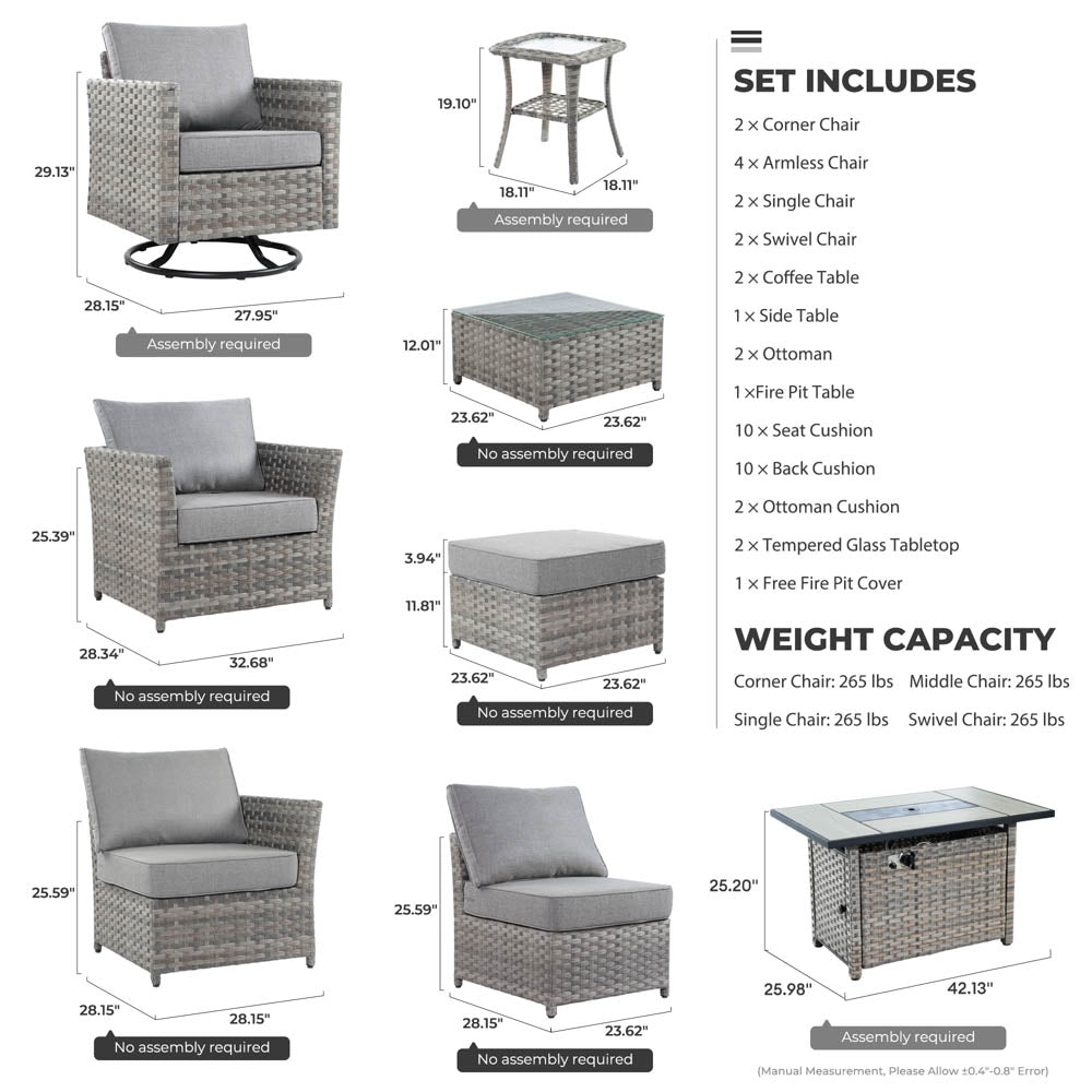 Ovios New Rimaru Series Patio Furniture Set 16-Piece include Swivel Chairs and 42"Rectangle Fire Pit Table Partially Assembled