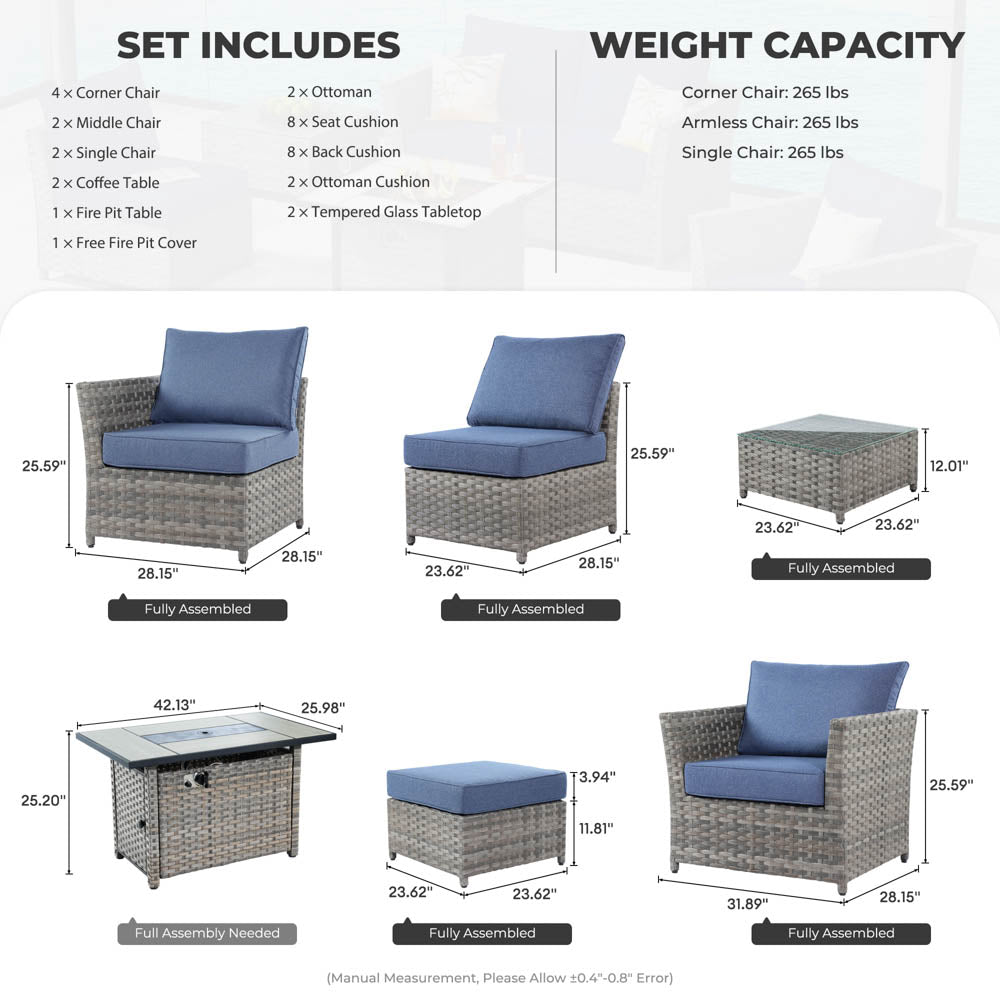 Ovios New Rimaru Series Patio Furniture Set 13-Piece include 42"Rectangle Fire Pit Table Partially Assembled