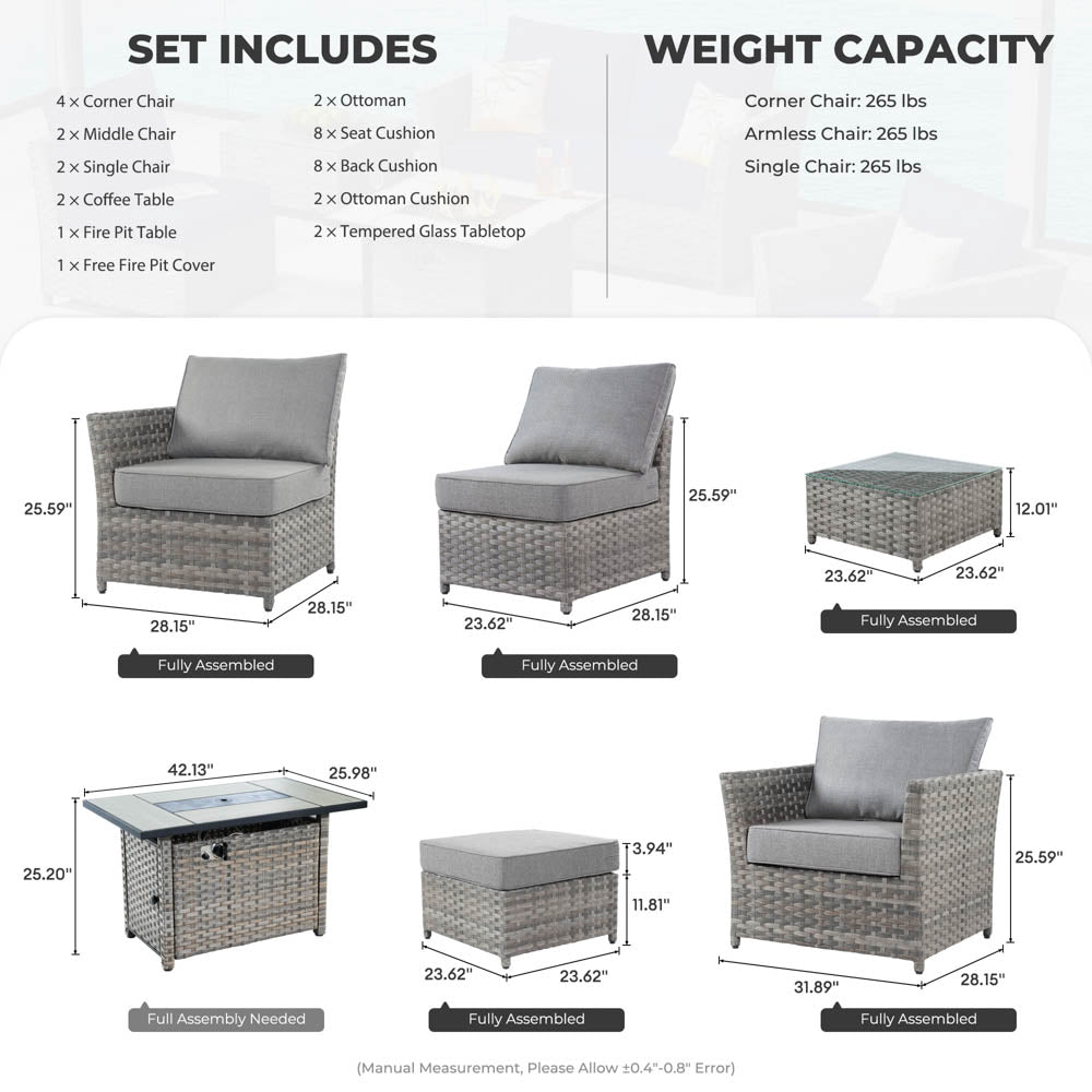 Ovios New Rimaru Series Patio Furniture Set 13-Piece include 42"Rectangle Fire Pit Table Partially Assembled