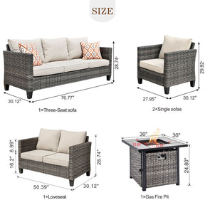 Ovios Patio Vultros Furniture Set 7-Person Seating with 30'' Propane Fire Pit Table