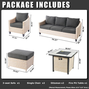 Ovios Athena Series Outdoor Patio Furniture Set with 30'' Fire Pit Table 6-Piece