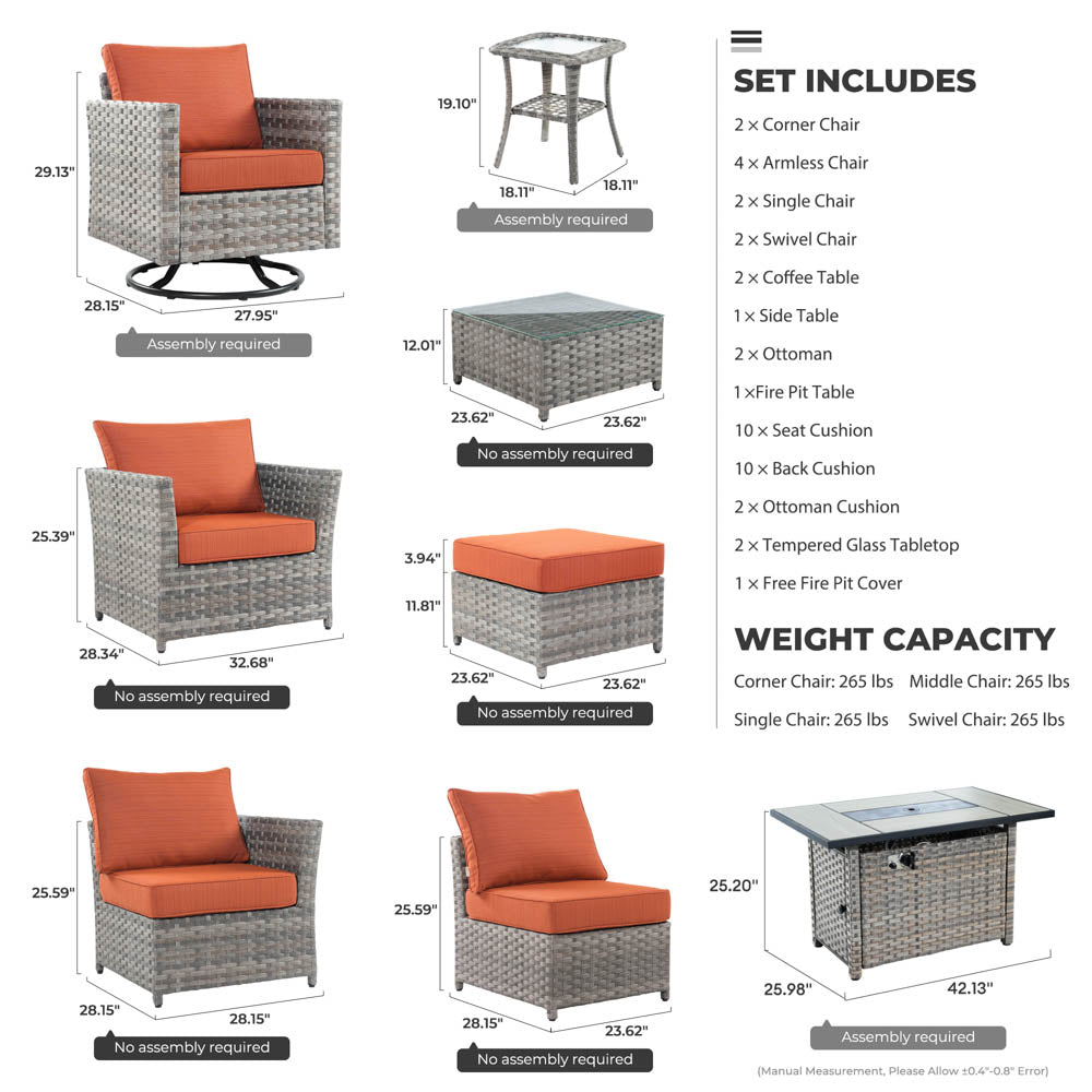 Ovios New Rimaru Series Patio Furniture Set 16-Piece include Swivel Chairs and 42"Rectangle Fire Pit Table Partially Assembled