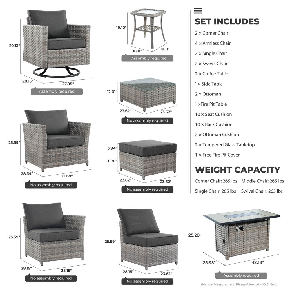 Ovios New Rimaru Series Patio Furniture Set 16-Piece include Swivel Chairs and 42"Rectangle Fire Pit Table Partially Assembled