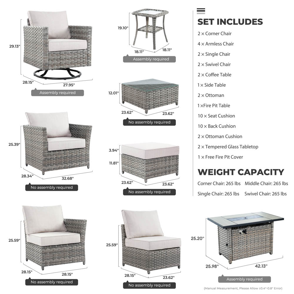 Ovios New Rimaru Series Patio Furniture Set 16-Piece include Swivel Chairs and 42"Rectangle Fire Pit Table Partially Assembled