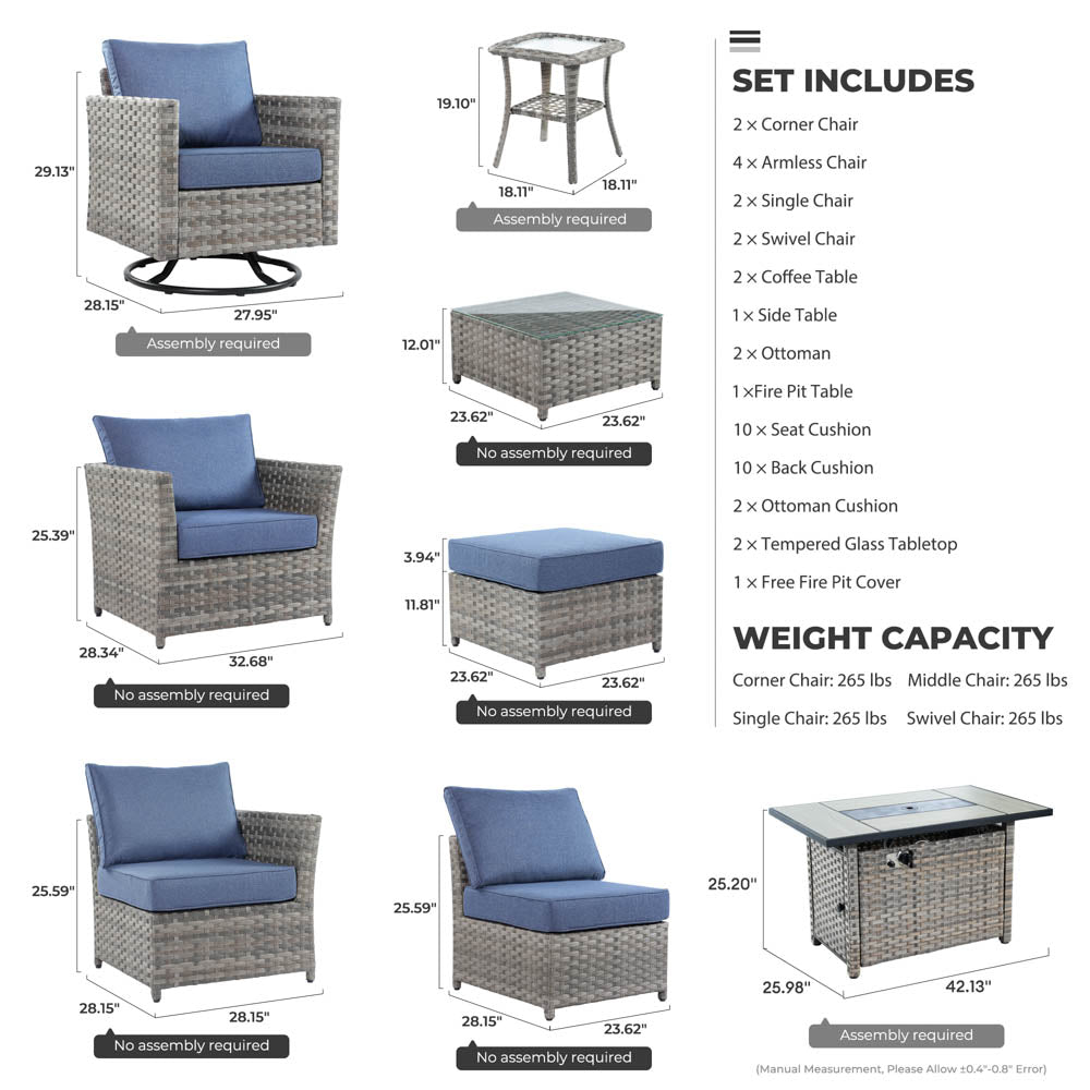 Ovios New Rimaru Series Patio Furniture Set 16-Piece include Swivel Chairs and 42"Rectangle Fire Pit Table Partially Assembled