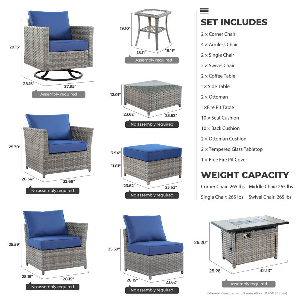 Ovios New Rimaru Series Patio Furniture Set 16-Piece include Swivel Chairs and 42"Rectangle Fire Pit Table Partially Assembled