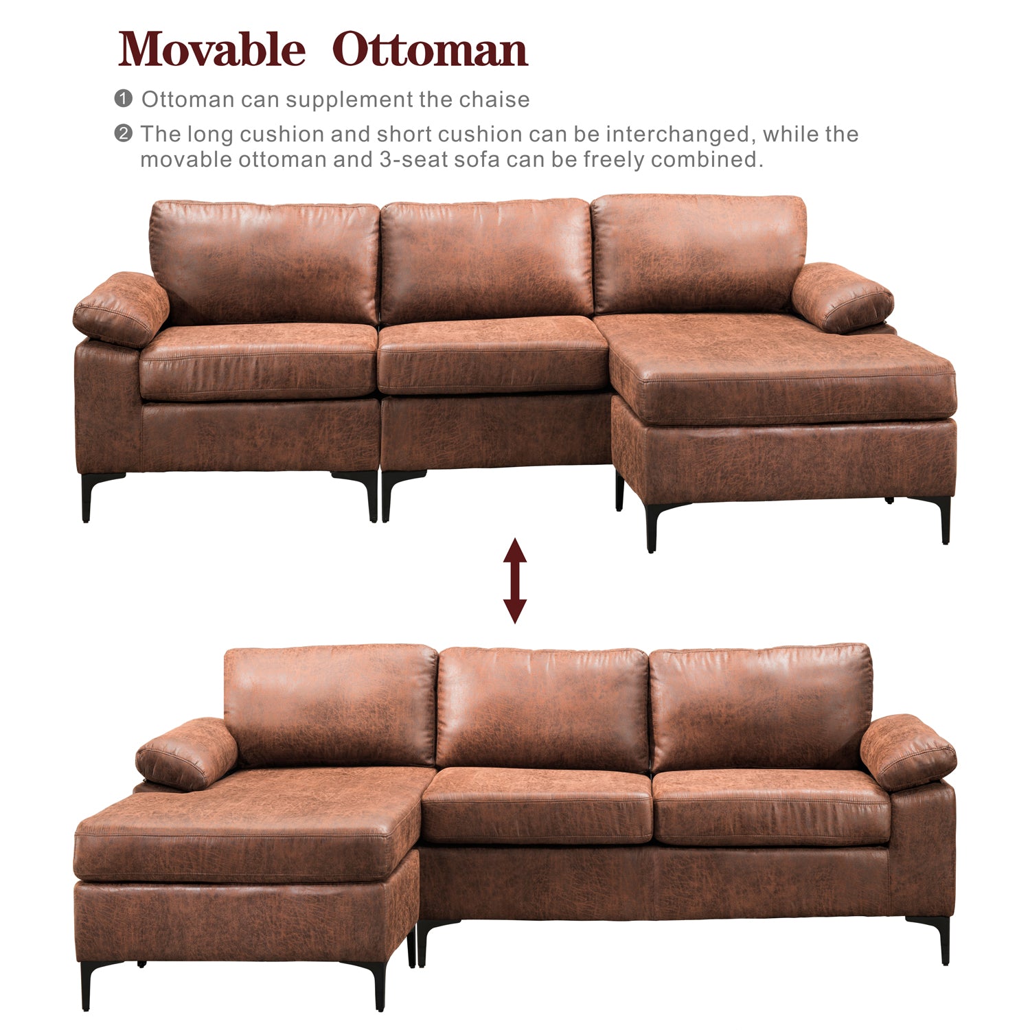Ovios Living Room Reversible Sofa Chaise 100.40" Wide with Ottoman