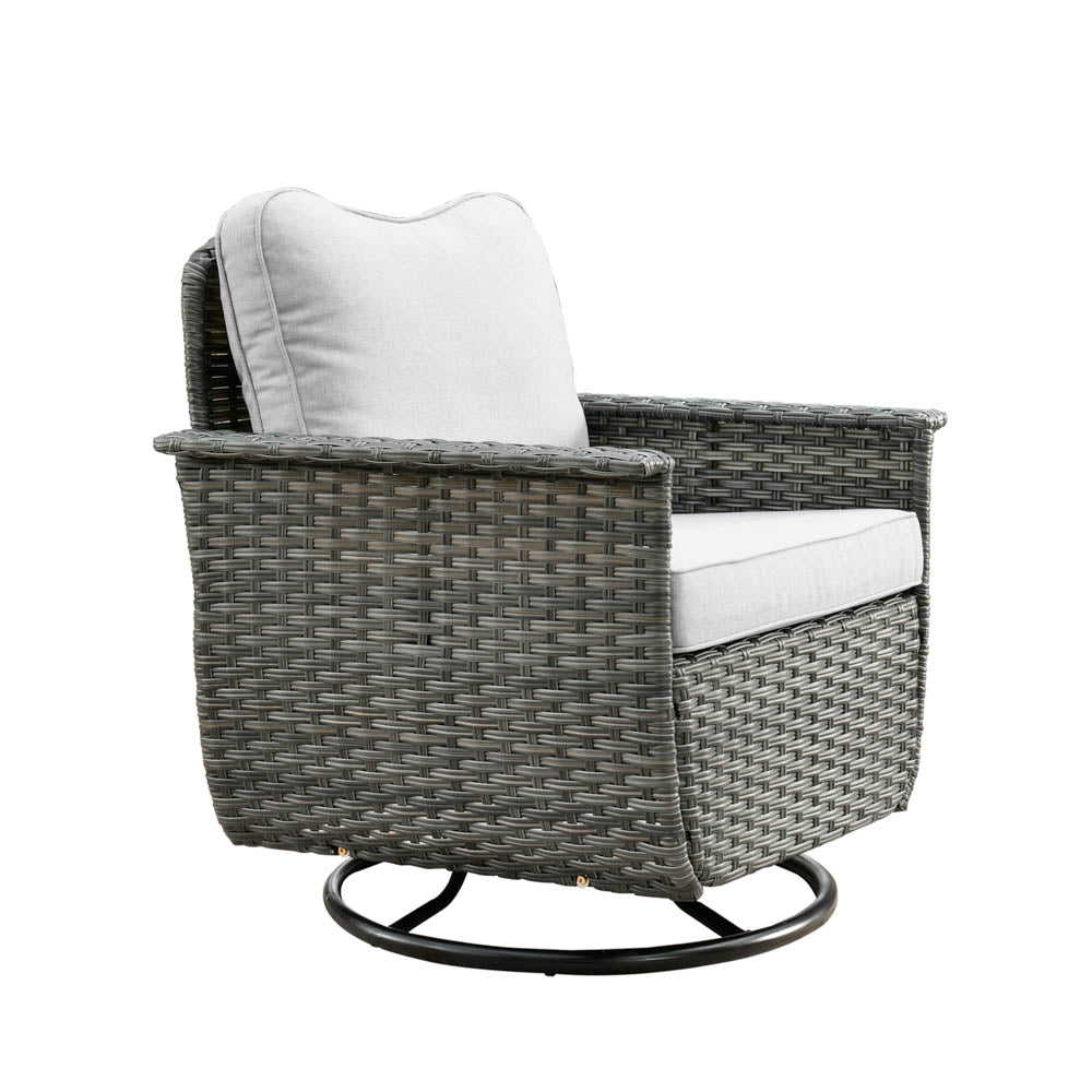 Ovios Patio Pet Conversation Set Grey Wicker 7 Pieces with 30'' Fire Pit and Swivel Rocking Chairs