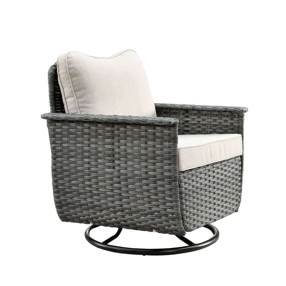 Ovios Patio Pet Conversation Set Grey Wicker 7 Pieces with 30'' Fire Pit and Swivel Rocking Chairs