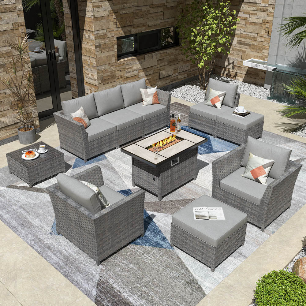 Ovios New Rimaru Series Patio Furniture Set 10-Piece include 42"Rectangle Fire Pit Table Partially Assembled