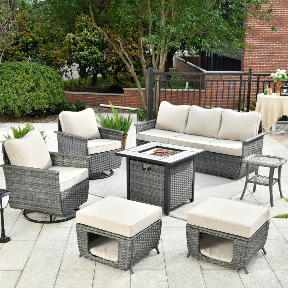 Ovios Patio Pet Conversation Set Grey Wicker 7 Pieces with 30'' Fire Pit and Swivel Rocking Chairs