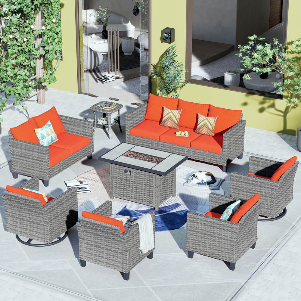 Ovios Patio Vultros 8-Piece Set With Swivel Chair and Rectangle 42'' Propane Fire Pit Table